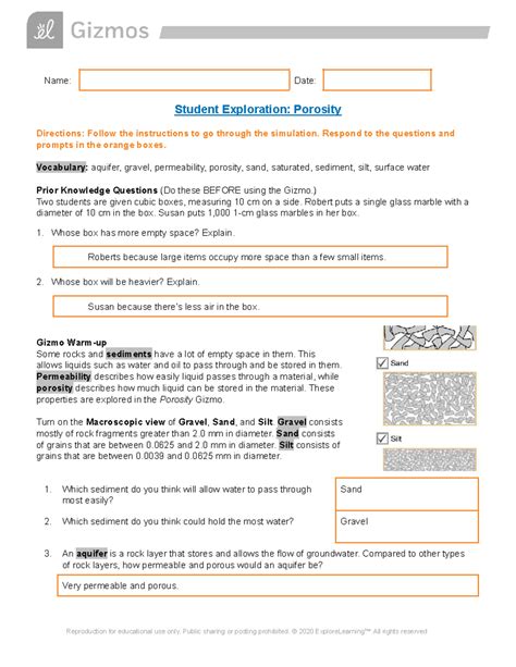 Student Exploration Porosity Answer Key
