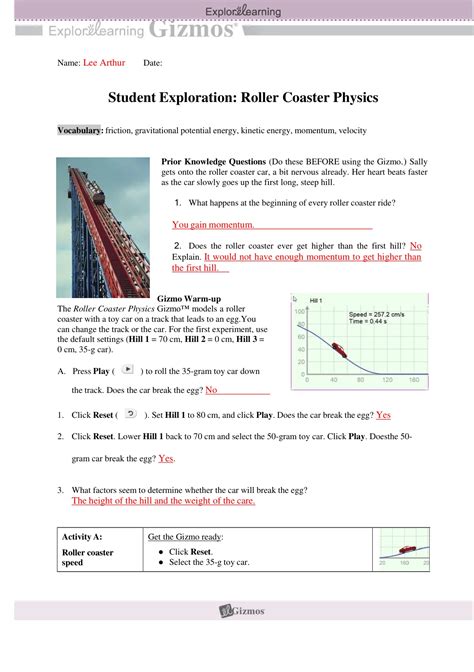 Student Exploration Roller Coaster Physics