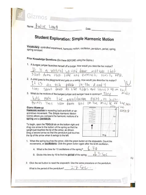 Student Exploration Simple Harmonic Motion