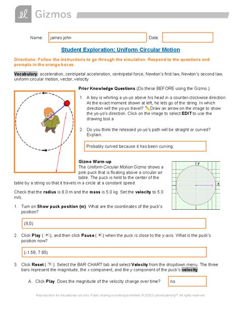 Student Exploration Uniform Circular Motion