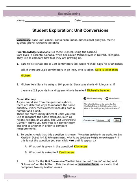 Student Exploration Unit Conversions