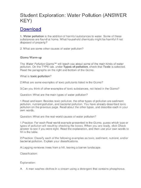 Student Exploration Water Pollution Answer Key