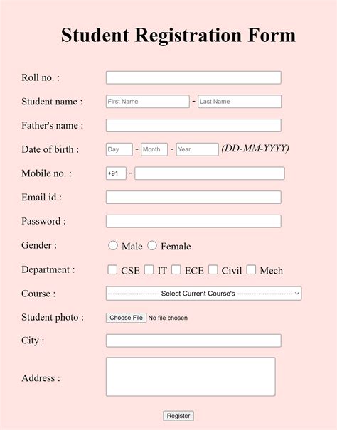 Student Registration Form In Html Code