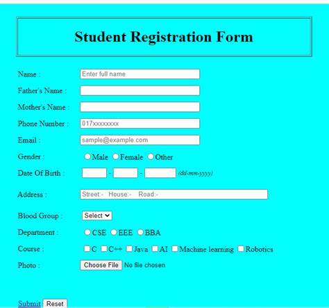 student registration form template php