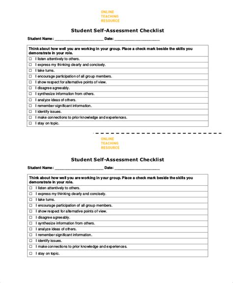 Student Self Assessment Checklist