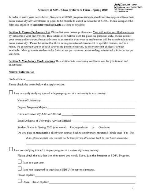 Student Success Pathway Preference Form Sdsu
