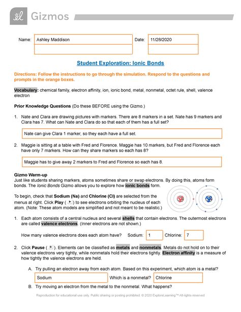 Download Student Exploration Ionic Bonds Answer Key 