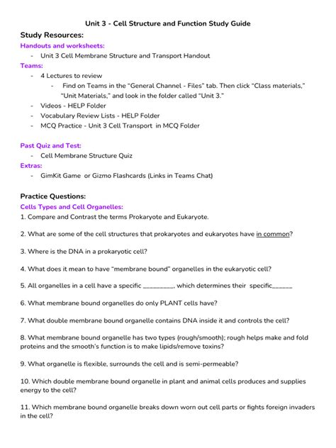 Study Guide Continued Cell Structure And Function