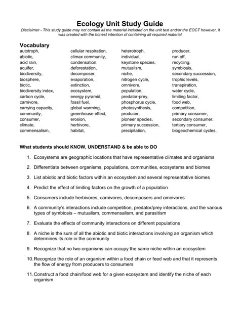 Study Guide For Ecology Unit Test