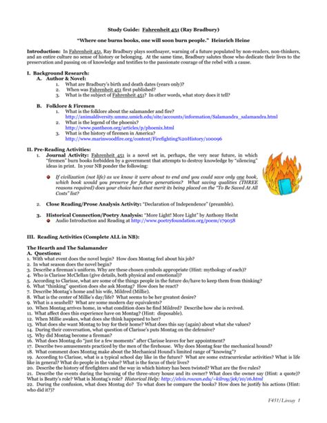 Study Guide For Fahrenheit 451 The Hearth And Salamander