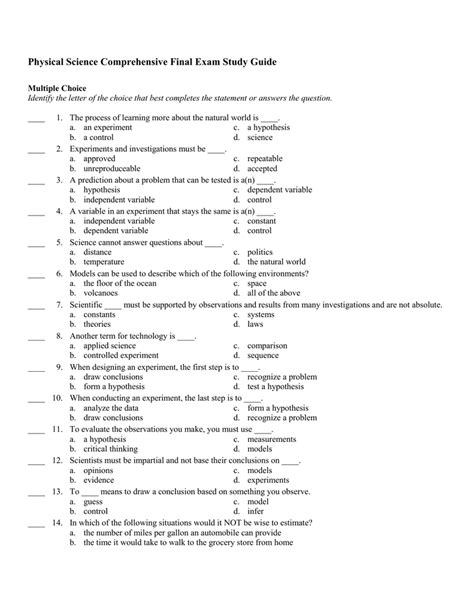 Study Guide For Physical Science Final Exam