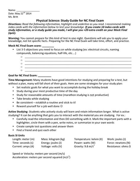 study guide for physical science final exam