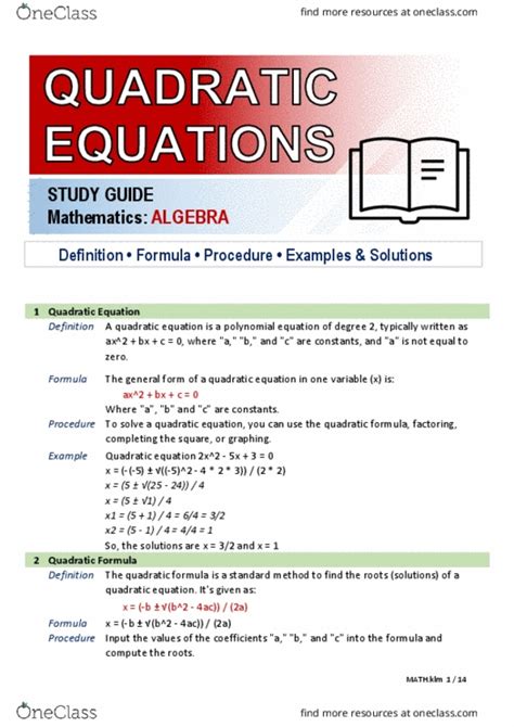 Read Online Study Guide For Geometry Quadratic Equations 