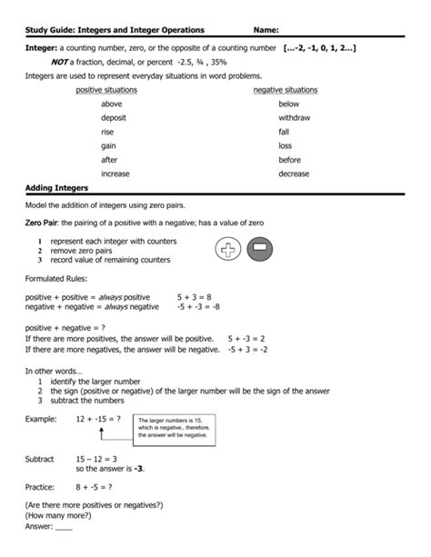 Read Study Guide Integers And Integer Operations 