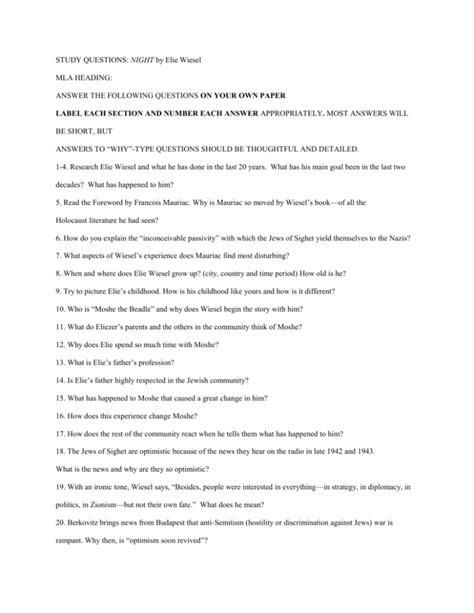 Download Study Questions Night By Elie Wiesel Mla Heading Answer 