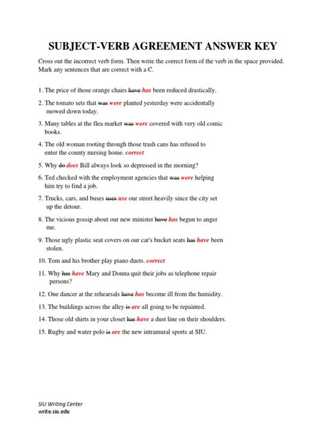 Subject Verb Agreement B Answer Key