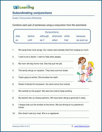 Subordinating Conjunctions Worksheets K5 Learning Conjunction Exercises For Grade 4 - Conjunction Exercises For Grade 4