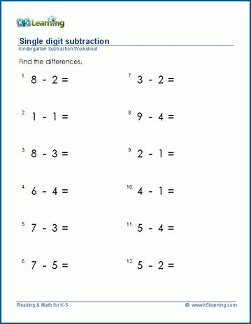Subtract 1 Digit Numbers K5 Learning Subtracting One Digit Numbers - Subtracting One Digit Numbers