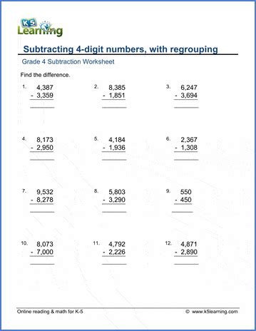 Subtract 4 Digit Numbers Worksheets K5 Learning Grade 4 Subtraction Worksheet - Grade 4 Subtraction Worksheet