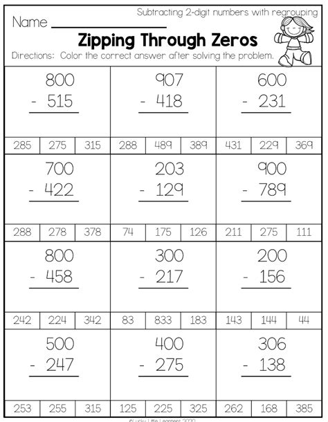 Subtract Across Zeros Worksheets Second Grade Printable Subtracting Zeros Worksheet - Subtracting Zeros Worksheet