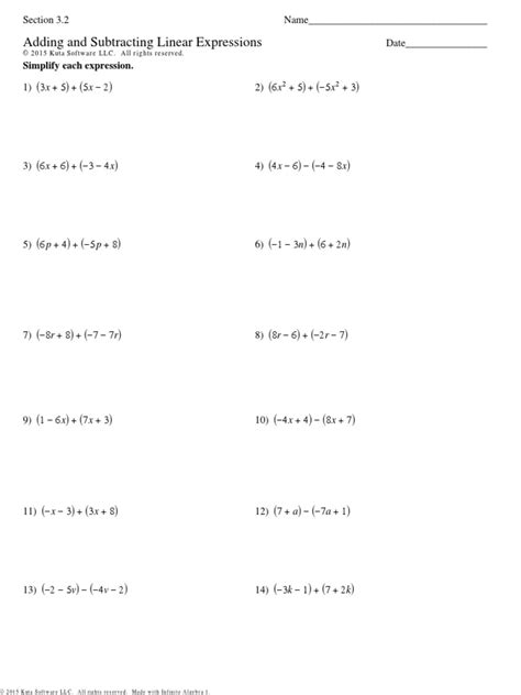 Subtract Linear Expressions Worksheet   Matrix Worksheets - Subtract Linear Expressions Worksheet