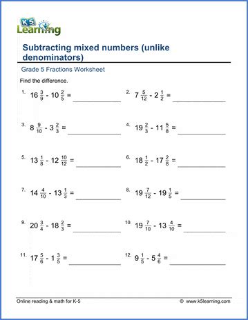 Subtract Mixed Numbers Unlike Denominators K5 Learning Subtracting Mixed Fractions Worksheet - Subtracting Mixed Fractions Worksheet