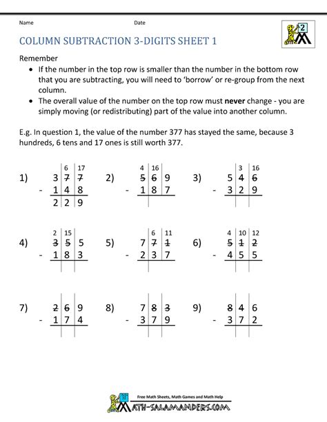Subtracting 3 Digit Numbers In Columns K5 Learning Three Digit Subtraction - Three Digit Subtraction
