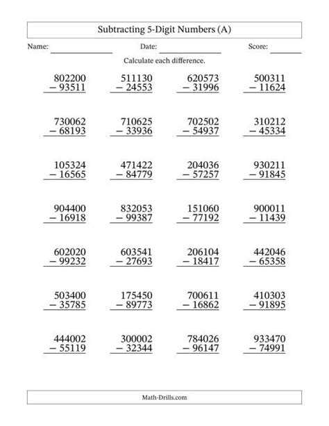 Subtracting 5 Digit Numbers Algebra Helper 5 Digit Subtraction With Answers - 5 Digit Subtraction With Answers
