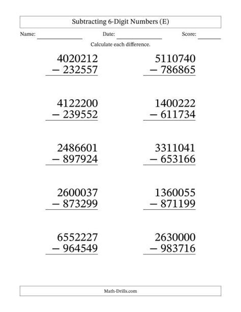 Subtracting 6 Digit Numbers With All Regrouping 10 Subtracting Large Numbers Worksheet - Subtracting Large Numbers Worksheet