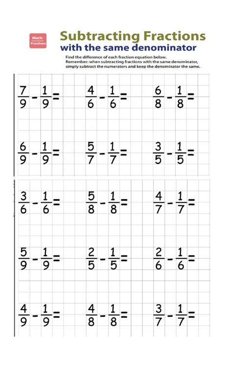 Subtracting Fractions With Like Denominators Math Worksheets 4 Subtracting Fractions With Like Denominators Worksheet - Subtracting Fractions With Like Denominators Worksheet