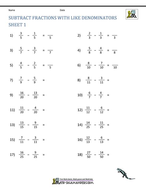 Subtracting Fractions With Like Denominators   Subtracting Fractions With Like Denominators Worksheet 1 - Subtracting Fractions With Like Denominators