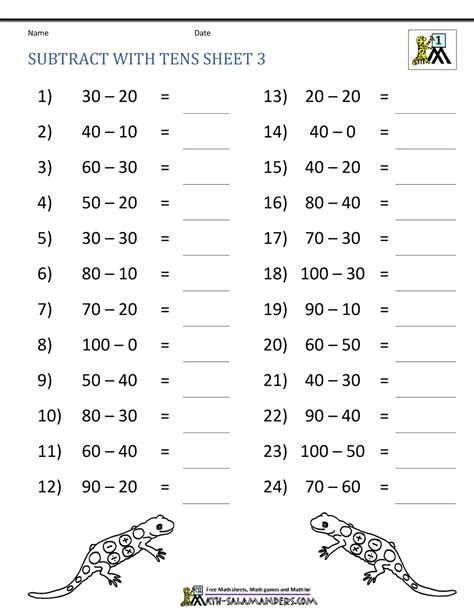 Subtracting Tens Math Salamanders Subtract 10 Worksheet - Subtract 10 Worksheet