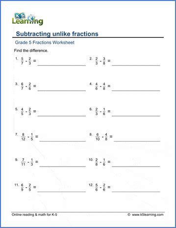 Subtracting Unlike Fractions K5 Learning Subtraction Of Unlike Fractions - Subtraction Of Unlike Fractions