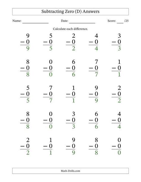 Subtracting Zero 0 With Differences 0 To 9 Subtraction Zero - Subtraction Zero