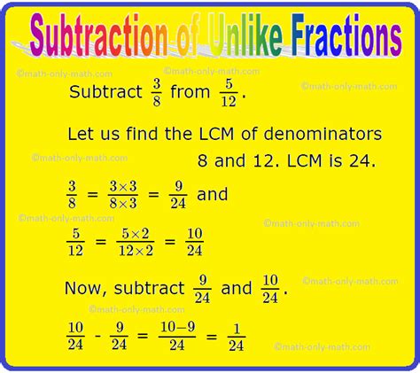 Subtraction Of Unlike Fractions Subtracting Fractions Examples Subtraction Of Unlike Fractions - Subtraction Of Unlike Fractions