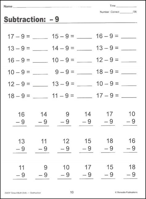 Subtraction Speed Drill 0 9 Kindergarten 1st Grade Subtraction Drills - Subtraction Drills
