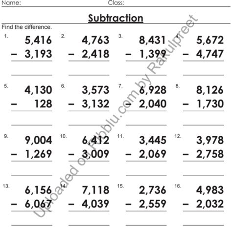 Subtraction Sums For Class 3