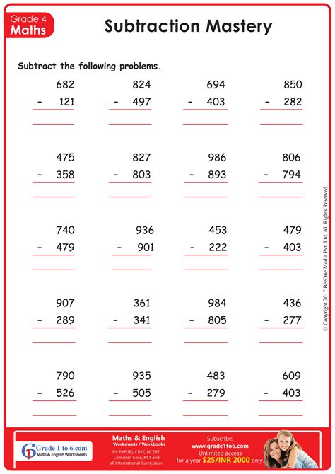 Subtraction Sums For Class 4