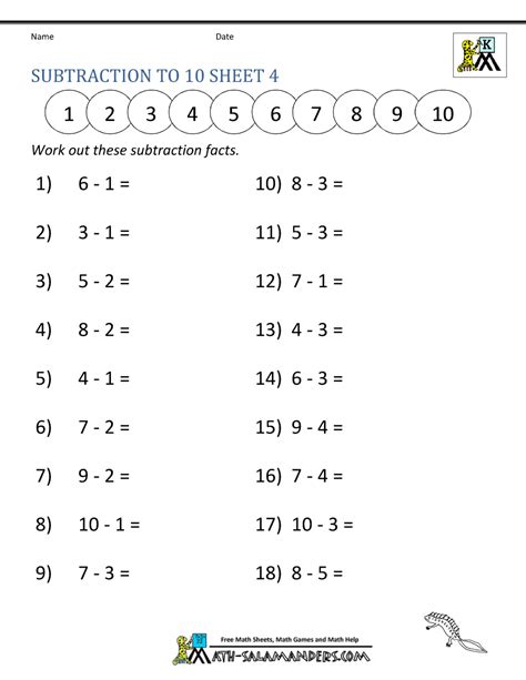 Subtraction To 10 Worksheets Math Salamanders Subtraction From 10 Worksheet - Subtraction From 10 Worksheet