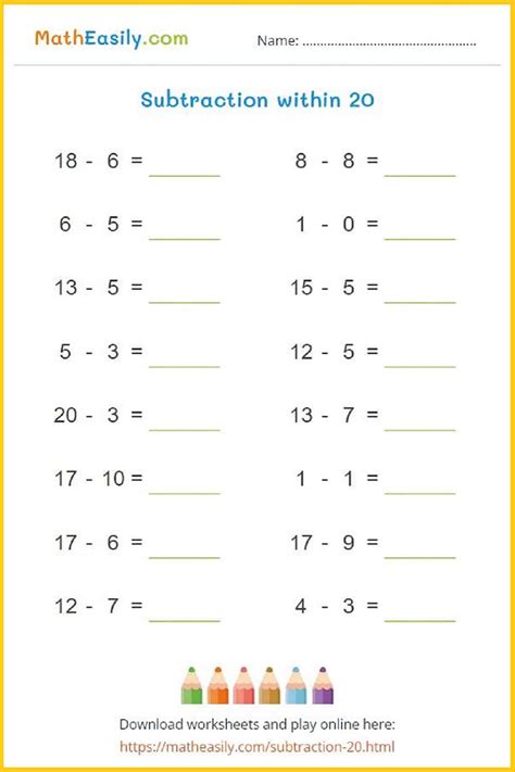 Subtraction Within 20 Primary 1 Maths Geniebook 100 Math Facts Subtraction - 100 Math Facts Subtraction