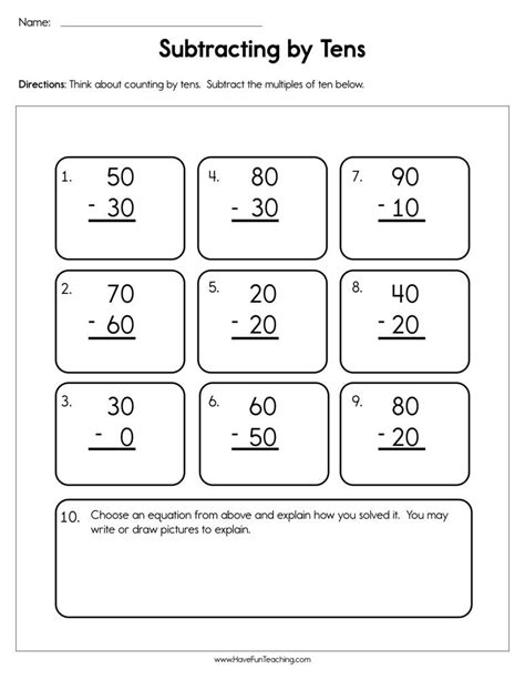 Subtraction Worksheets Math Drills Subtracting Tens Worksheet - Subtracting Tens Worksheet