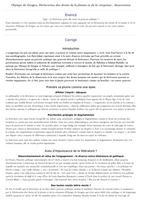 Sujet Dissertation Olympe De Gouges Corrige