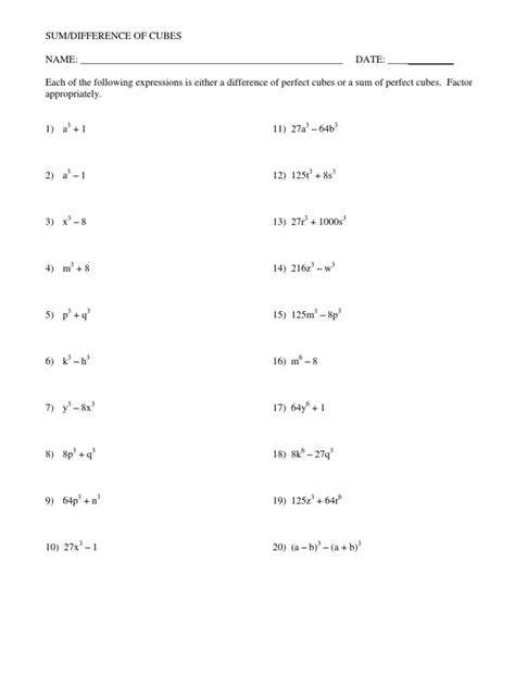 Sum And Difference Of Cubes Worksheet Teaching Resources Sum And Difference Of Cubes Worksheet - Sum And Difference Of Cubes Worksheet
