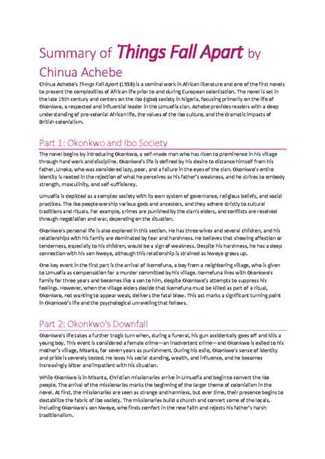Summary For Things Fall Apart By Chinua Achebe