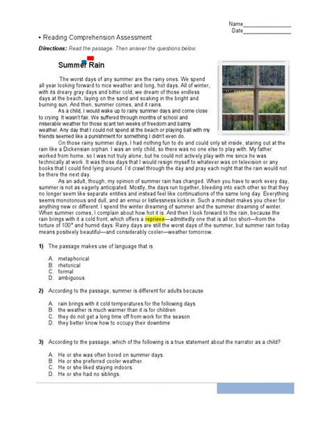 Summer Rain Comprehension Assessment Answer Key