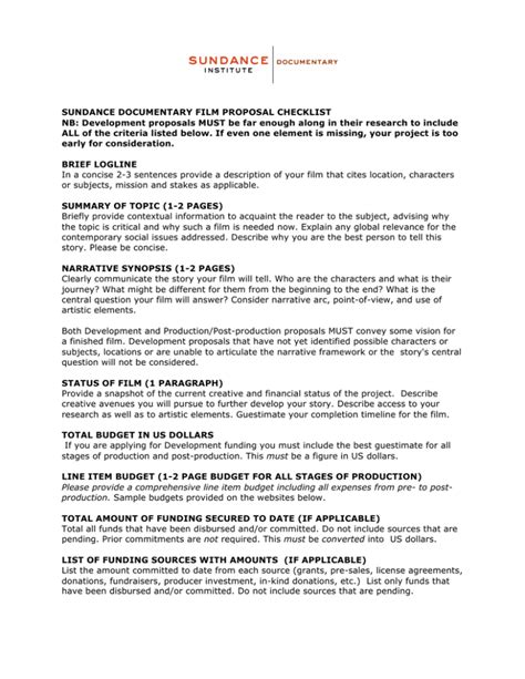 Read Sundance Documentary Film Proposal Checklist 