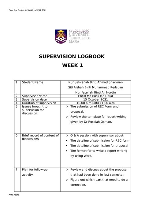 Supervisor S Report Log Book Reference Details Mo