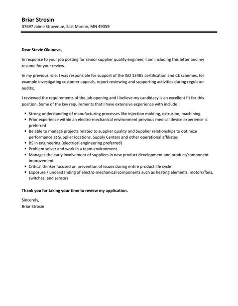 Download Supplier Quality Engineer Cover Letter Sample File In Pdf Format