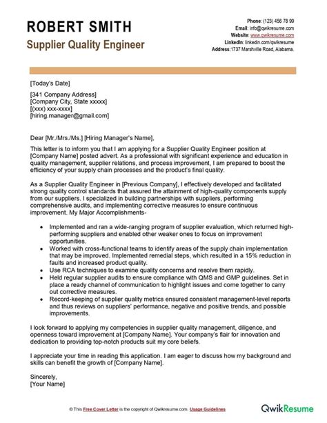 Download Supplier Quality Engineer Cover Letter Sample File In Pdf Format