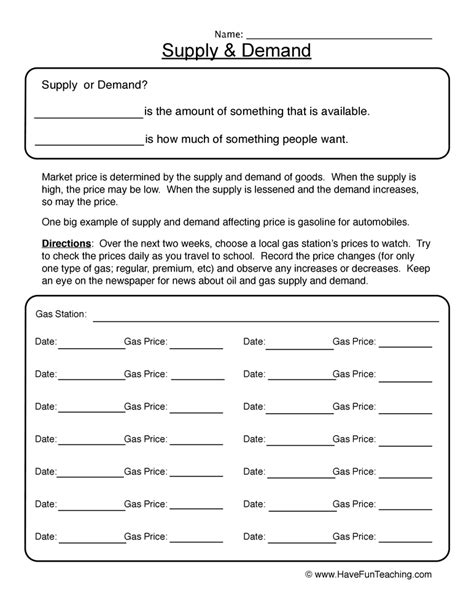 Supply And Demand Worksheet
